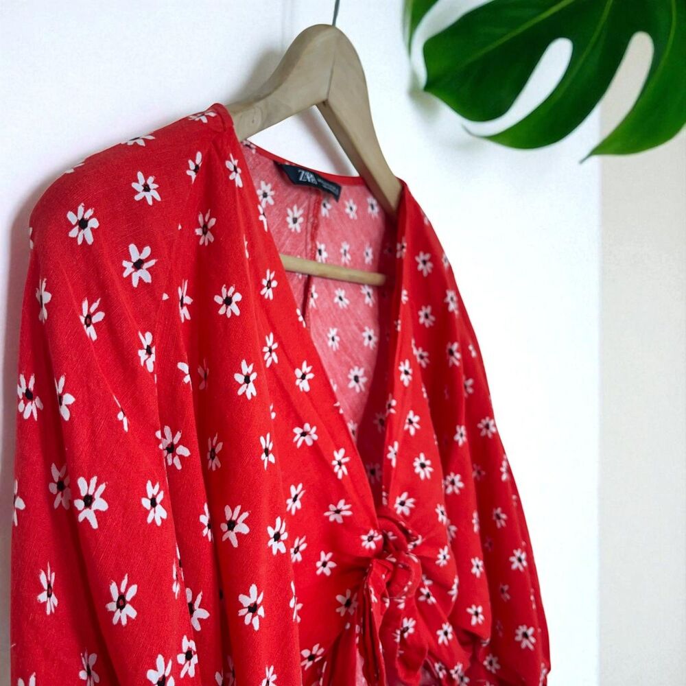 ZARA Red Daisy Floral Print Tie-Front Linen Blend Cropped Blouse - XS - Picture 10 of 12